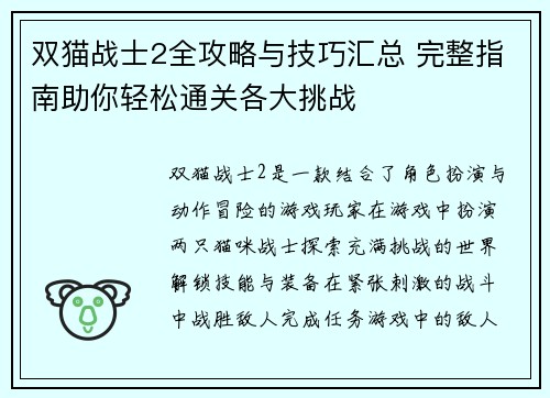 双猫战士2全攻略与技巧汇总 完整指南助你轻松通关各大挑战